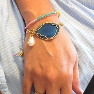 Handmade gold?tone bracelet dye agate blue adjustable unique